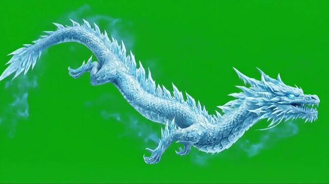 Majestic Ice Dragon Breathing Frost on Green Screen Background.