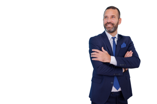 Confident smiling businessman posing with arms crossed, looking up and forward, planning for future success on a transparent background - Powered by Adobe