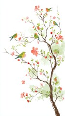 Obraz premium A delicate watercolor-style tree branch with blooming pink flowers and vibrant birds. This elegant minimalist design is perfect for seasonal spring themes, stationery, and home prints