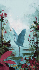 Obraz premium Elegant Blue Heron Illustration Standing in Serene Tropical Lagoon with Lush Pink Floral Plants and Misty Jungle Background for Nature Art Conservation Posters and Zen Interior Decoration Wall Prints