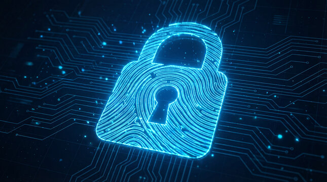 Fingerprint padlock icon with blue glow for biometric security - Powered by Adobe