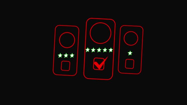 Customer service evaluation concept. smiling  using a smartphone And  a smiling icon on virtual screen in satisfaction. black background 4k video .