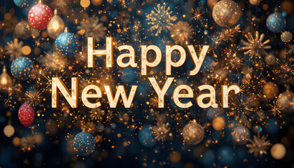 Happy New Year celebration with colorful ornaments and golden sparks