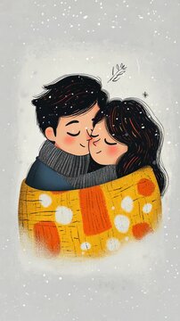 A stylized animated couple, a man and a woman, huddle together under a warm yellow blanket with snow gently falling around them, evoking cozy winter comfort.
