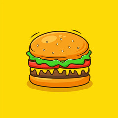 Cartoon burger on a yellow background. Vector illustration