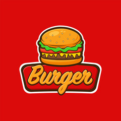 Cartoon burger logo on a red background. Vector
