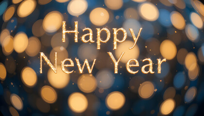 Golden Happy New Year text on sparkling bokeh background