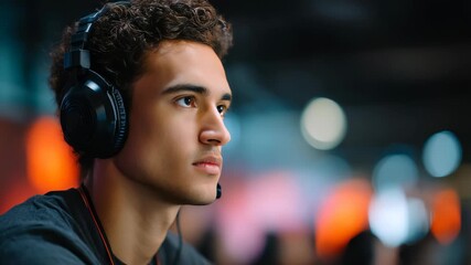 Focused young man with curly hair wearing headphones intensely playing video games in a modern gaming arena. Vibrant neon lights create an immersive esports atmosphere in the background