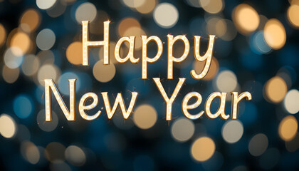 Golden Happy New Year text on sparkling bokeh background