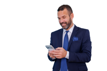 Entrepreneur looking at mobile phone, smiling while using application, holding device with both hands. Transparent background
