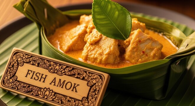 Royal Cambodian Fish Amok Steamed Curry in Banana Leaf with Engraved Koki Wood Sign Featuring Naga and Lotus Motifs