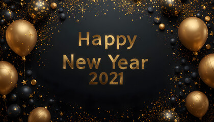 Happy New Year 2021 celebration with gold balloons and confetti