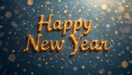 Happy New Year celebration with golden text and sparkling stars on dark blue background