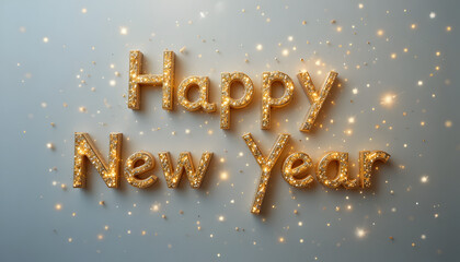 Golden Happy New Year text with sparkling glitter on gray background