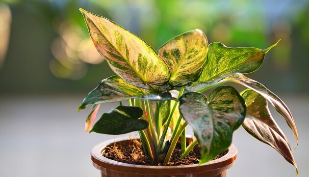 Closeup Focus To Philodendron Williamsii Variegated X Angela In The Pot