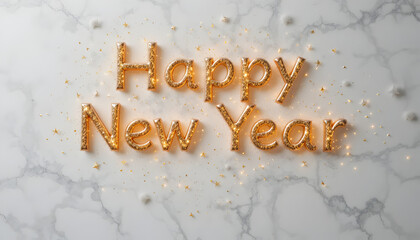 Golden Happy New Year text on marble background with sparkles