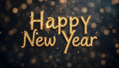 Happy New Year celebration with sparkling gold text on dark background