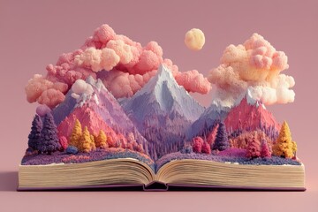 Obraz premium Open book reveals a surreal, colorful mountain world of imagination and whimsy in a dreamlike landscape.