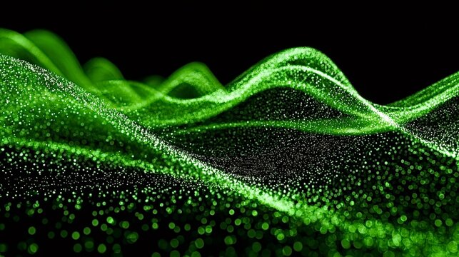 Green luminous particles creating an abstract, dynamic flowing wave against a black background, representing concepts of data, technology, and energy visualization