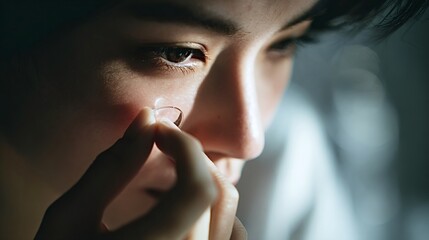 Young woman gently applying a soft contact lens to her eye, close up showing daily eye care routine for clear vision, hygiene and precise insertion technique