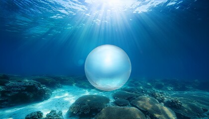 Ethereal Underwater Landscape With A Glowing Orb Beneath Sunbeams In The Deep Blue Sea