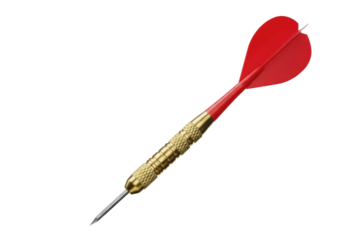 macro product shot of a high-precision dart with a vibrant scarlet red flight, golden brass knurled barrel, and sharp steel tip against a high-key white studio background, concept of business accuracy