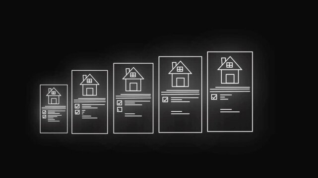 &ldquo;Futuristic Real Estate Document Comparison Showing Home Growth Plans And Verified Checklists&rdquo; on black background digital animation.