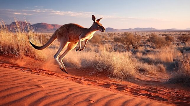 Kangaroo sprinting across arid australian outback at sunset, kicking up red dust from sand dunes as warm golden light highlights powerful movement and vast, rugged landscape