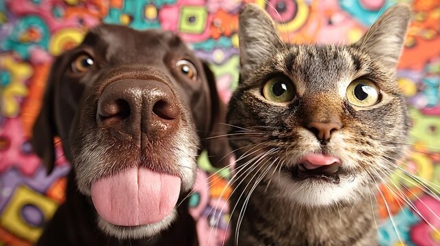 Dog and cat friends posing together with their tongues out, displaying playful and humorous expressions against a vibrant, colorful background, representing pets having fun