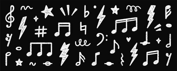 Crayon musical notes doodle set. Punk rock chalk pencil elements in sketch style. Grunge texture. Hand drawn vector illustration isolated on black background.