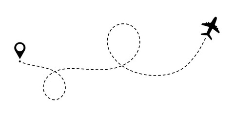 Airplane flight path doodle icon. Dotted map route for travel and journey, dash line air plane route. Vector illustration isolated on white background