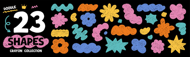 Crayon blob shapes doodle set. Abstract cloud forms and organic groovy figures in sketch style, grunge chalk texture. Hand drawn vector illustration isolated on black background
