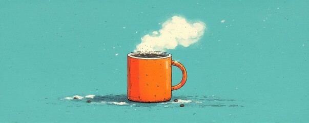 Cartoon vector illustration of an orange mug with steam on a teal background