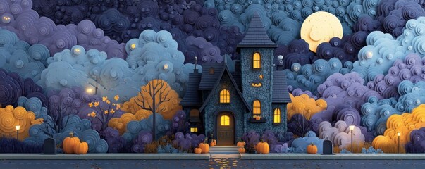 Obraz premium Haunted Halloween house on a moonlit road with pumpkins and swirling clouds