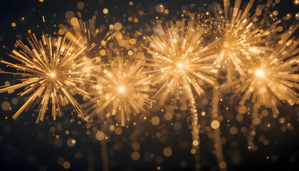 Vibrant golden fireworks exploding in dark night sky with sparkling bokeh lights