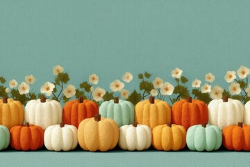 Pastel pumpkin border with white flowers on turquoise backdrop for autumn decor and celebrations collection