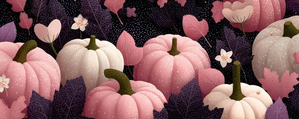 Pink pumpkins with purple leaves on a dark background pattern for autumn decor