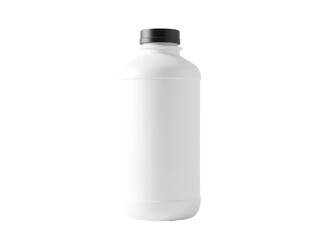 A close-up view of a white plastic bottle with a black lid, suitable for use in still life photography or as a prop for product displays