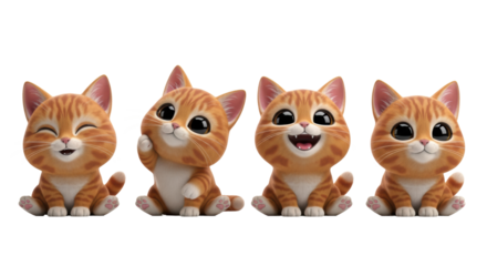 four adorable, stylized ginger tabby kitten characters with large eyes, sitting side-by-side, smooth vinyl texture, isolated on a transparent void. cute mascot collection concept
