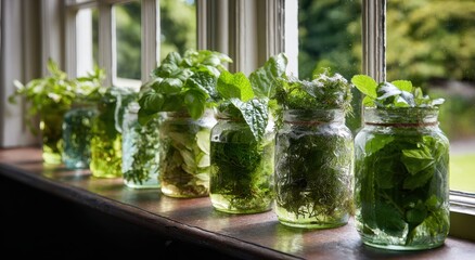 Vibrant Green Herbs in Glass Jars Propagating on a Sunny Kitchen Windowsill.