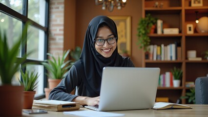 Cultural and religious observance in the workplace. Decorations for the Prophet's Night Journey adorn the background as a focused hijabi professional completes her tasks on a laptop.
