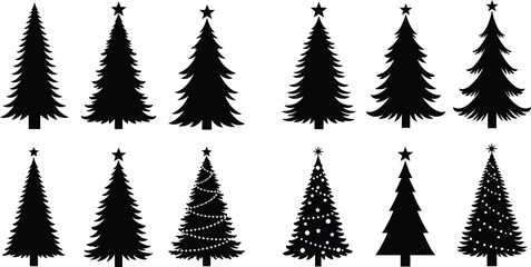 Obraz premium Collection of black christmas trees in various shapes on transparent background silhouette