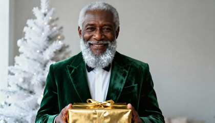 Fototapeta premium Happy senior Black man with a silver beard holding a Christmas gift. Elegant man in a green velvet jacket celebrating the holiday season