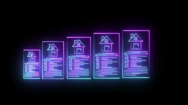 &ldquo;Futuristic Neon Real Estate Document Comparison Showing Home Growth Plans And Verified Checklists&rdquo; on black background digital animation.