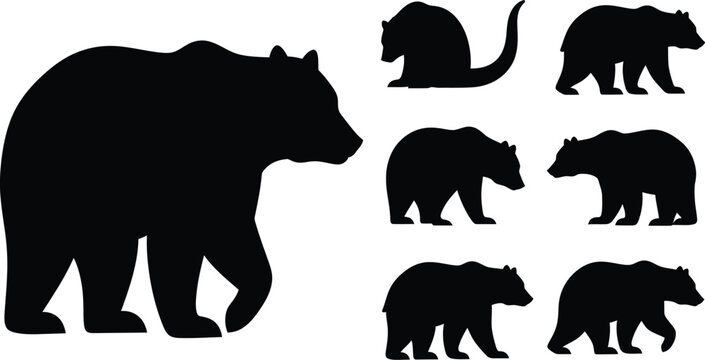 Black bear silhouettes in various poses on transparent background