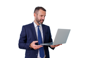 Businessman presenting new concepts online using laptop standing on transparent background