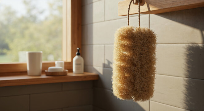 A damp luffa sponge, slightly compressed, hangs in a Scandinavian-style bathroom with natural wood accents