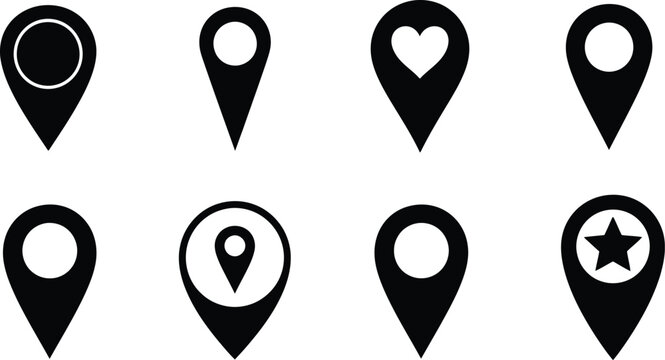 Black map pin icons with different symbols on transparent background silhouette