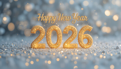 Happy New Year 2026 celebration with glittery gold numbers and bokeh lights