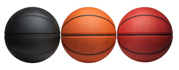 Three basketballs in black, orange, and red 
